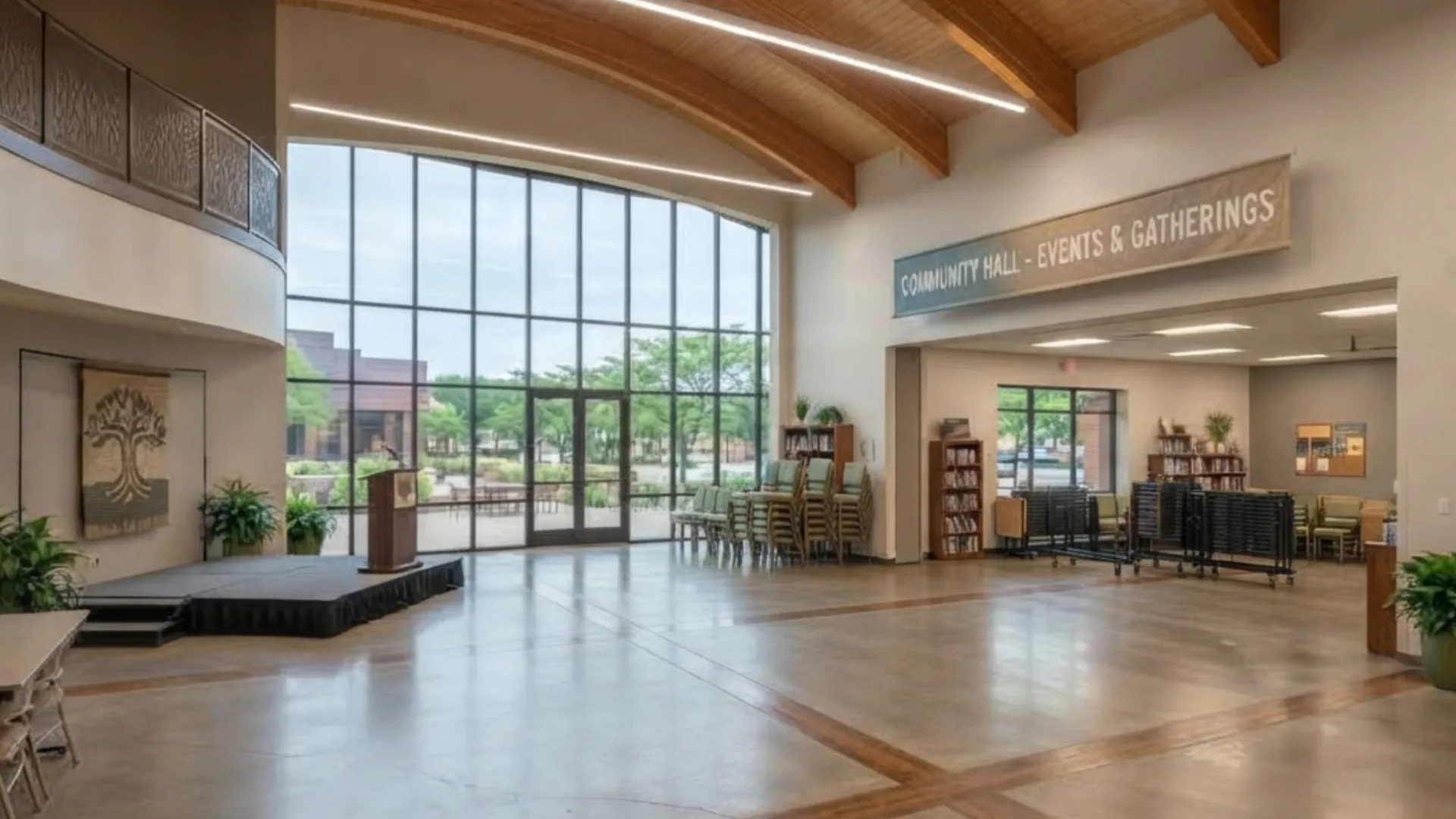 A community hall with a low stage and a wall of tall windows