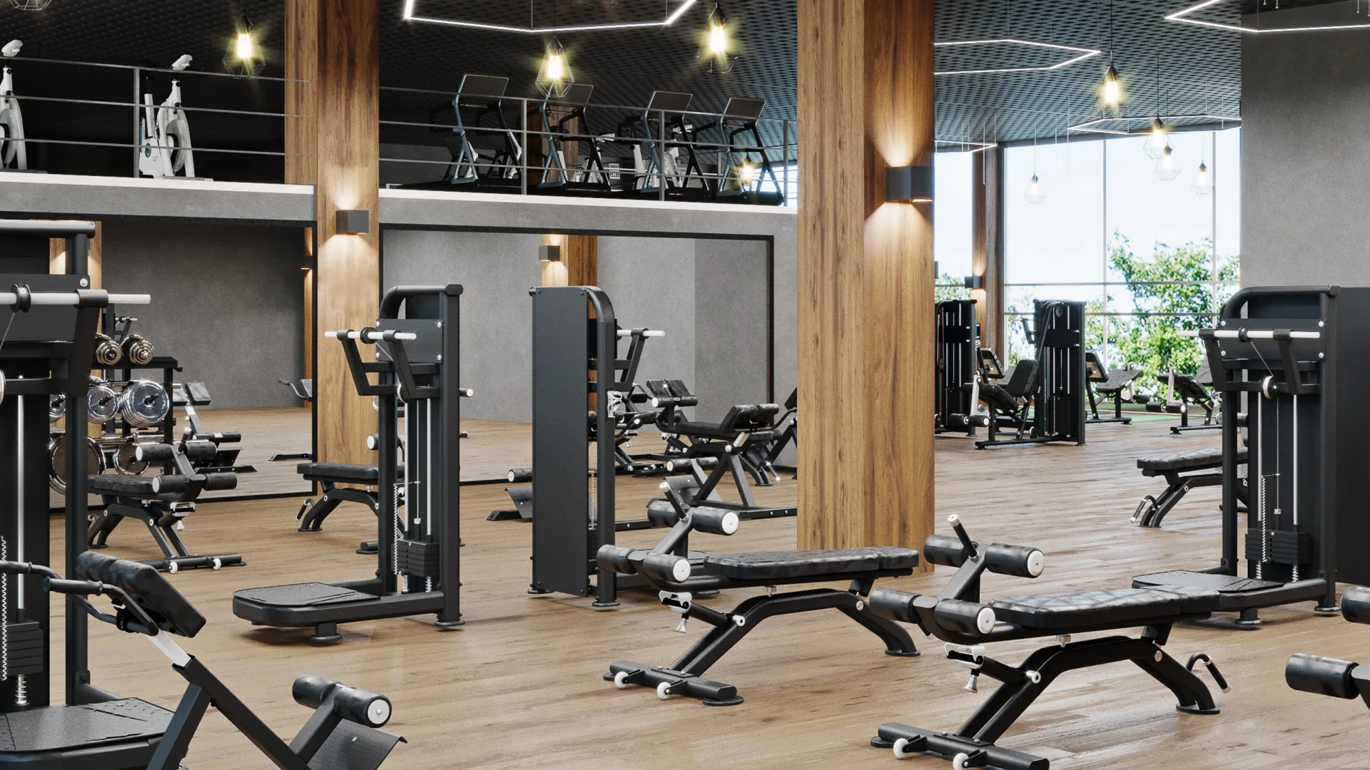 An indoor gym with weight machines and benches