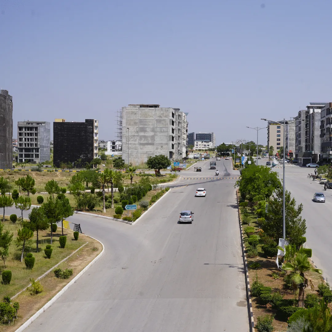 A main road with a green verge, seen from above