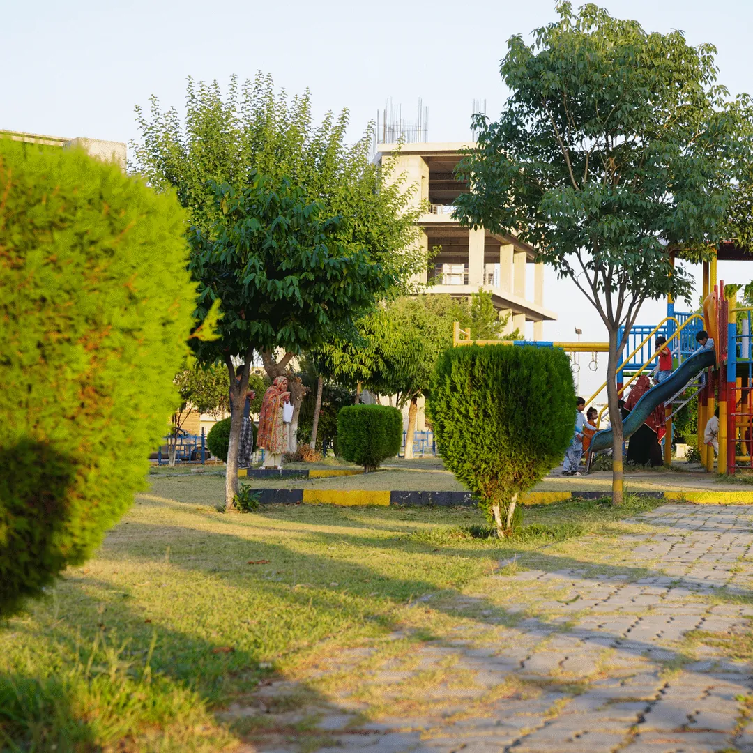 A park with trees and a play area